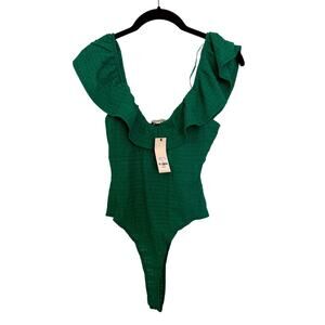 Francesca's Ruffled Bodysuit Top Green Flutter Sleeve Thong Playsuit Size S NWT